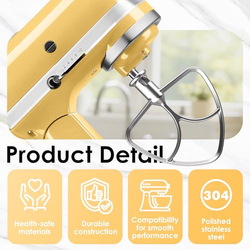 Image of 3-Piece Stainless Steel Mixer Attachment Kit for KitchenAid 4.5 /5 QT Tilt-Head Mixers, K45WW Wire Whip, K45DH Dough Hook & K45B Coated Flat Beater, Baking Essentials Set, Dishwasher Safe