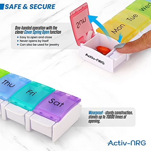 Hoogwaardige pillendoos - voedselveilig - BPA-vrij - reistablettendoosjes - gemakkelijk te openen grote compartimenten, uniek verend ontwerp voor tabletten, vitamines, medicijnen en levertraan - Afbeelding 5