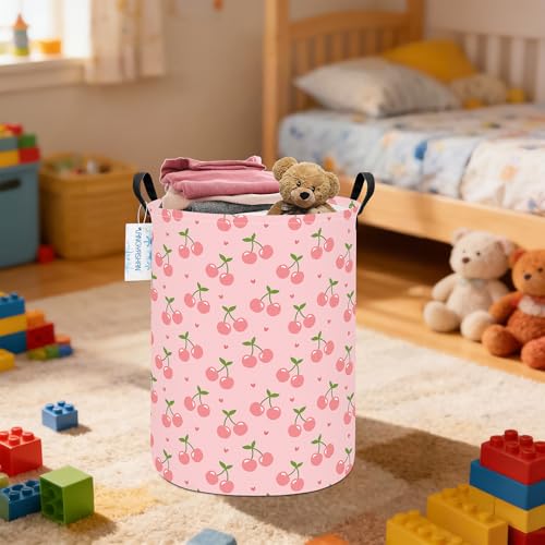 Image of Round Laundry Basket Collapsible Storage Hamper Organizer Pink Cherry | Waterproof Canvas Foldable Baskets with sturdy Handles Multi-scene Organizer for Home Play Bedroom Gift Bin