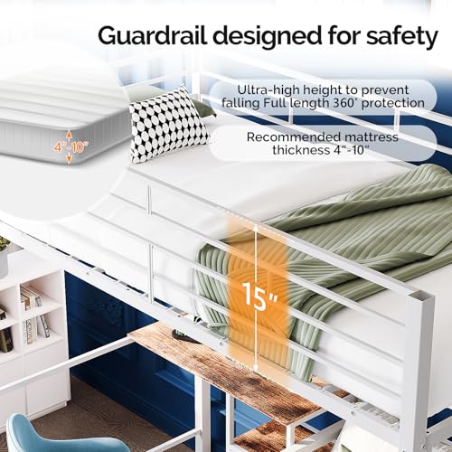 Image of VINGLI Twin Over Twin Bunk Bed with Desk, 15'' Extra High Guardrail Loft Bed with LED Lights,2 Charging Station,and 2 Storage Drawers,2 Deckers Bed,Metal Space Saving Platform Bed with Vanity,White