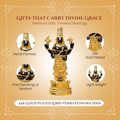 Image of Ekhasa 24K Gold Plated Tirupati Balaji Venkateshwara Idol with Gift Box | Resin Perumal Statue for Table Pooja Room Home Decor Office Desk | Religious Housewarming Griha Pravesh Gift