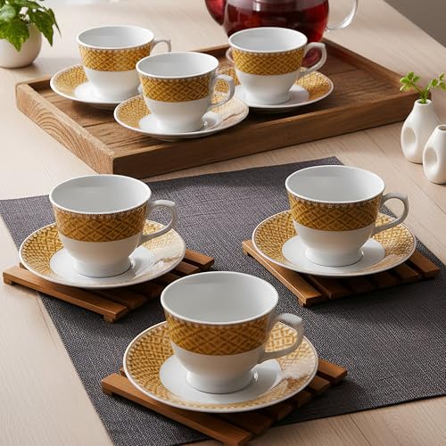 Image of UPC Premium Bone China Cup & Saucer Set (6 Pieces) | Elegant Solid Color Tea Coffee Cups | Lightweight, Durable & Glossy Finish | Ideal for Home, Office & Gifting (N-Cup white-33)