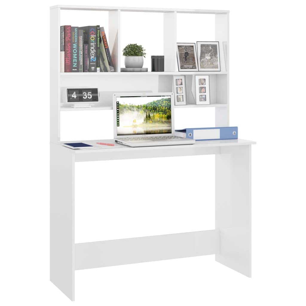 Scrivania con vano portaoggetti e ripiani, bianco lucido, 110 x 45 x 157 cm, in legno, design verticale per piccolo ufficio, organizza cartelle e accessori per PC