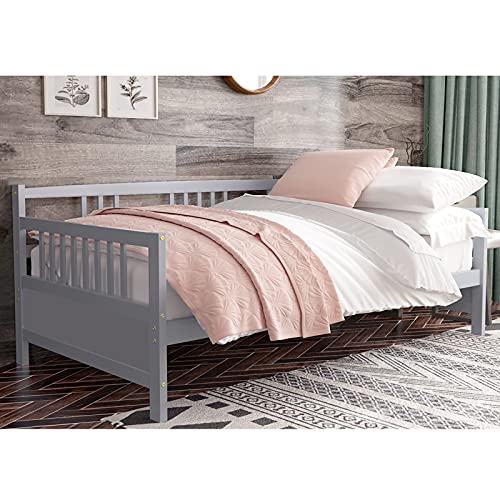 Giantex Twin Daybed Frame, Wooden Sofa Bed Guest Bed With Rails & Wood Slat Support, Dual-Use Twin Size Platform Bed Frame For Living Room Bedroom, No Box Spring Needed (Twin,Grey) #TOP26
