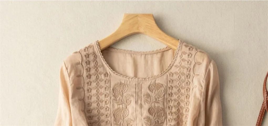 Damskie cienkie haftowane topy z krótkim rękawem, okrągły dekolt retro koszulki