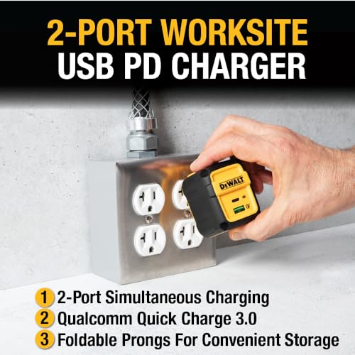 DEWALT Heavy Duty 49.5W Dual USB & USB C Charger Block, Black & Yellow | (Cable Not Included), USBC Power Adapter, 2 Port Compact Foldable Fast Wall Charger for iPhone 17/16/15/14 Galaxy Pixel 4/3 - image 4