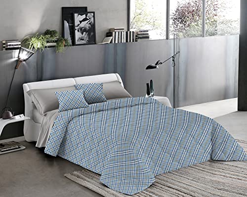 HomeLife Colcha de matrimonio acolchada 100 gramos [260 x 280 cm] Made in Italy | Edredón matrimonial primaveral / verano estampado tartán azul | edredón matrimonial ligero 2 plazas