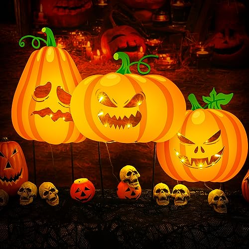 Retisee 3 Pcs 18.9 Inch Lighted Pumpkin Halloween Yard Signs Pumpkins Lawn Garden Stake Decorations Light up Pumpkin Yard Stakes for Decorations Metal Lawn Stake Signs for Outdoor Treat Party