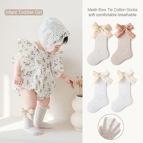 ACTLATI Toddler Girls Knee High Socks Bow Tie Mesh Breathable Dress Socks Kids Cotton Stockings 1-3 Years3