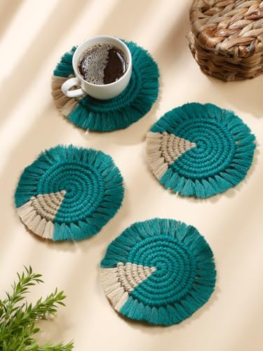 Macrame Set of 4 Round Coasters Bohemian Style, Handmade, More Absorbent, Traditional, Diwali Gifting, Multipurpose, Big Size (Teal Beige, Set of 4)