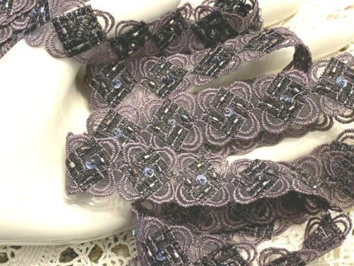 Dusty Plum Embroidered Scallop Trim Appliques Hand Beaded 7/8" Sheer Sequins 1yd Fabric