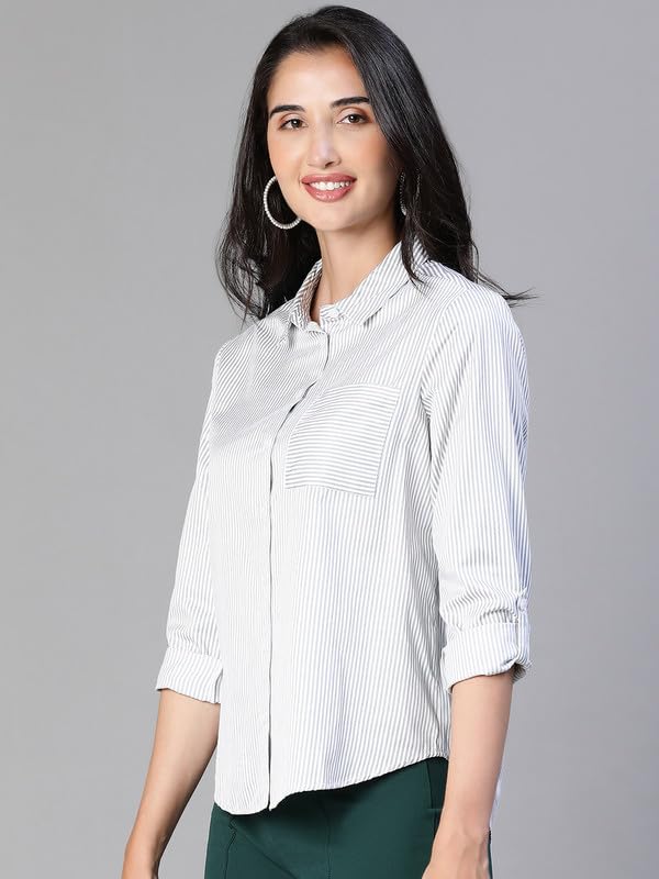 Image of Oxolloxo Women Stripe Print Soild Grey Collared Cotton Shirt