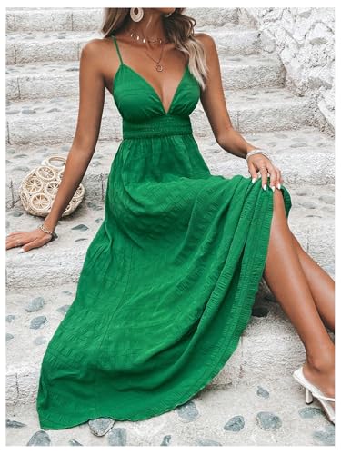 Image of Milumia Women's Summer V Neck Backless Maxi Dress Boho Spaghetti Strap A Line Flowy Beach Long Sundress
