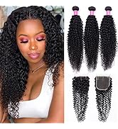 Brazilian Curly Human Hair Bundles with Closure 10A Kinky Curly Bundles and Closure Unprocessed V...