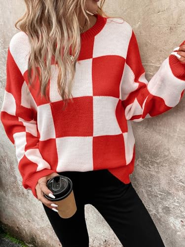 Image of SHENHE Women's Checkered Color Block Oversized Sweater Plaid Crew Neck Drop Shoulder Pullovers