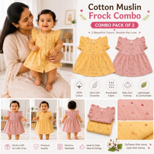 Image of Lilimi Toddler Baby Girl Cotton Muslin Dress, Breathable Flutter Sleeve Button-Front Cute Frocks