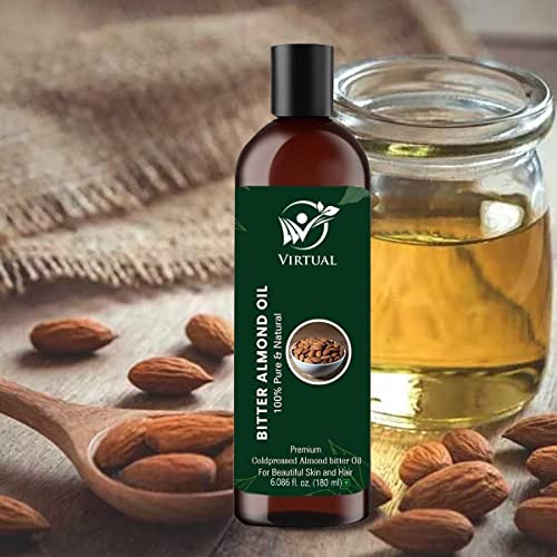Image of VIRTUAL Pure Essential Oil For Stronger Hair, Body Skin Care, Moisturising Dry Skin, Eyelash & Nails Cold Pressed Oil With No Mineral & Silicones (180ml) (Bitter Almond Oil)