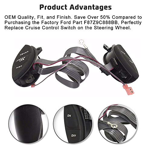Steering Wheel Cruise Control Switch For Ford 1998-2003 Ranger, 2001-2005 Explorer Sport Trac, F150, Mercury Mountaineer, Mazda B3000 Engagement Switch Button Kit Replaces # Sw-5928, F87Z-9C888-Bb #TOP1
