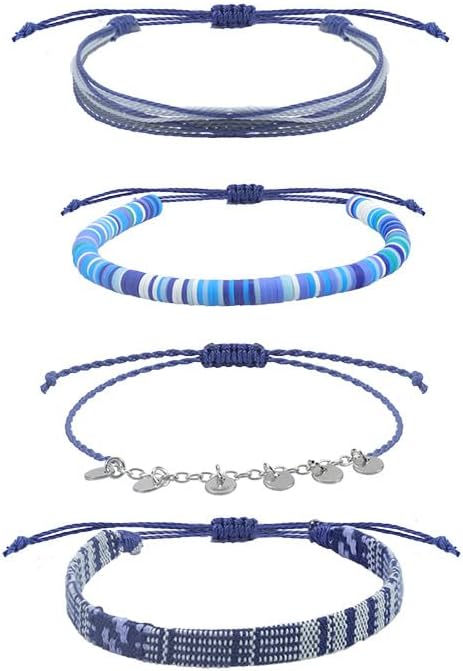 Todu 4Pcs Bohemian Bracelets for Women Colorful Waterproof Handmade Weave String Anklets Stainless Steel Coin Polymer Clay Friendship Bracelets Set Beach Summer Surfer Jewelry