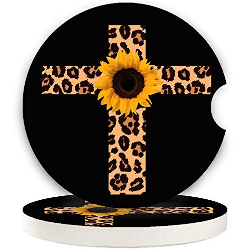 Car Coasters 2 Pack, Small 2.56" Absorbent Ceramic Coaster for Car, Keep Cup Holders Clean and Dry, Auto Coasters Set for Women Men Cup Holder, Leopard Print Cross with Sunflower Style Car Coasters - image 1