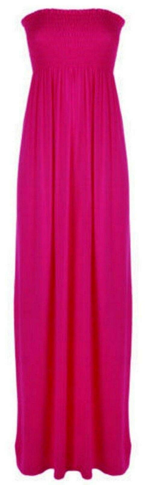 FAIRY BOUTIQUE Womens Long Strapless Elasticated Shearing Dress Ladies Bandeau Shirred Boob Tube Summer Maxi Dress Fuchsia