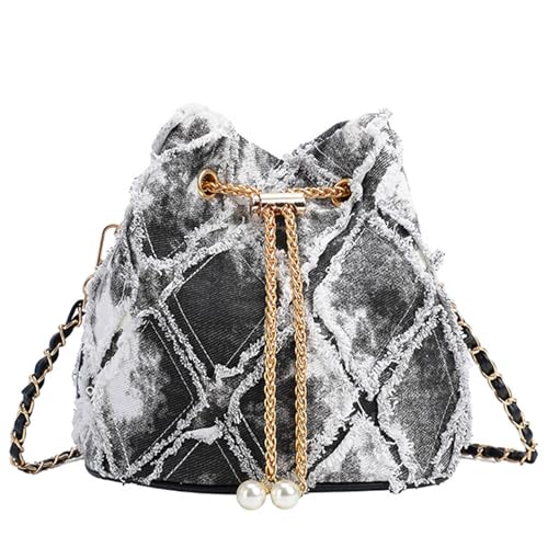 Image of Denim Bucket Bag Quilted Drawstring Jean Purses for Women Denim Clutch Hobo Bags Crossbody Handbag