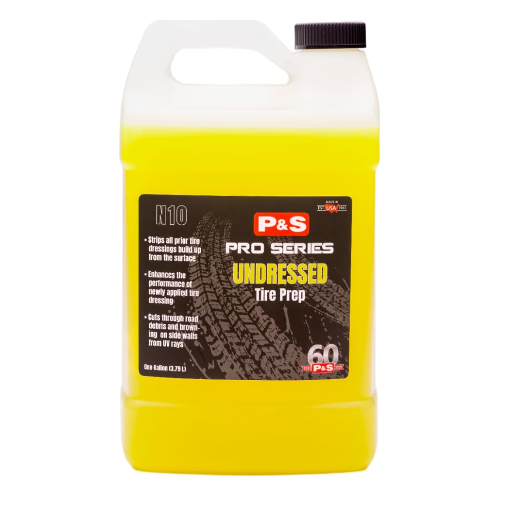 P & S PROFESSIONAL DETAIL PRODUCTSUndressed Tire Prep – 1 Gallon – Alkaline Water-Based Tire Cleaner – Removes Dirt, Oil & Grime – Strips Old Dressings – Brightens Whitewalls