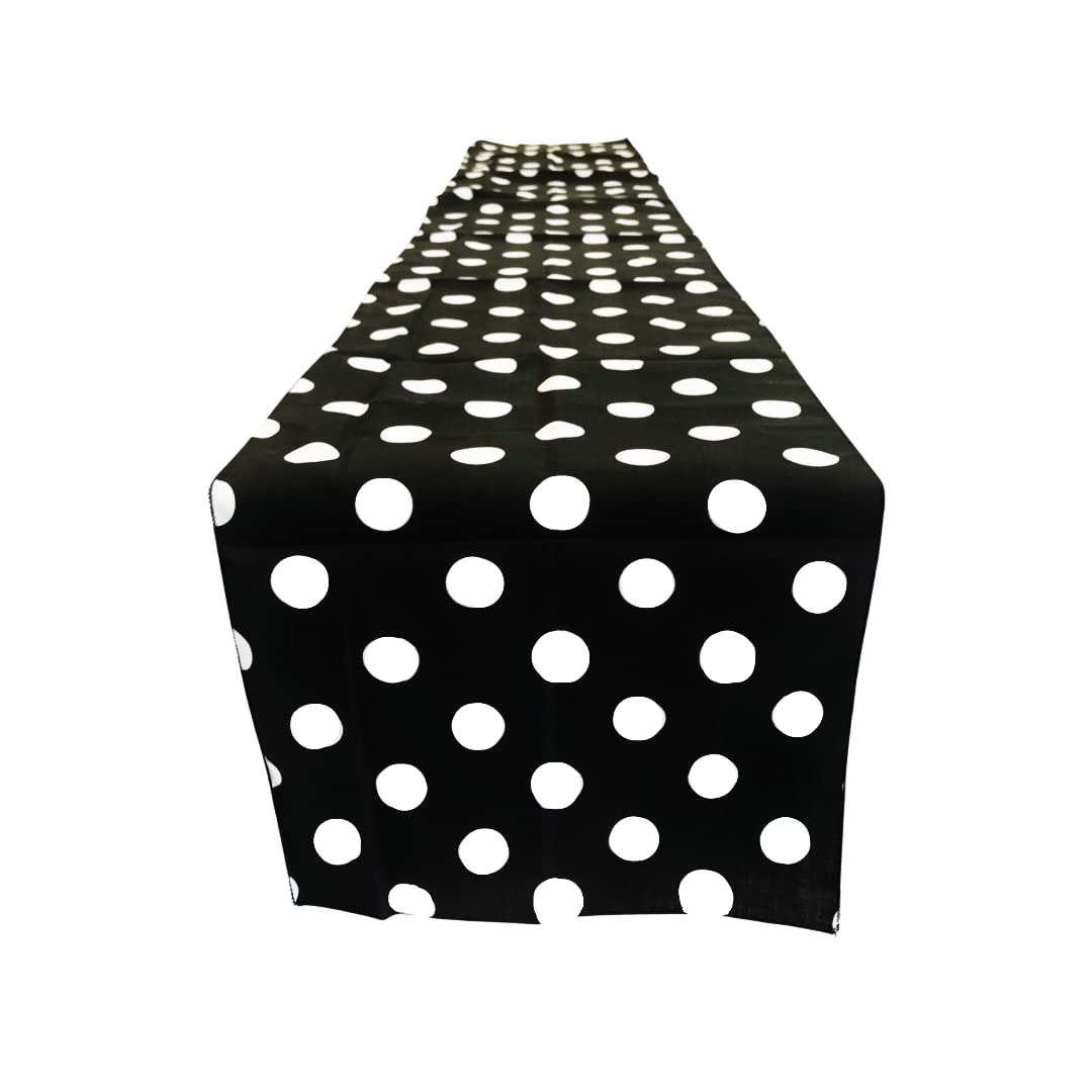 New Creations Fabric & Foam Inc, 14" Wide x 108" Long Table Poly Cotton Runner Polka. (White Dot on Black)