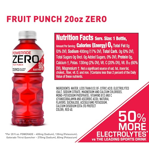Image of POWERADE ZERO Fruit Punch, 20 fl oz, 8 Pack | Sugar-free Sport Beverage Enhanced with Electrolytes | 50% More Electrolytes vs. the Leading Sports Drink (per 12oz serving)*