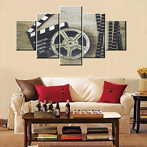 Movie Theater Decor Black And White Pictures Metal Film Reel Paintings For Living Room Movie Poster Artwork 5 Panel Print Canvas Movie Stripe Wall Art Giclee For Home Framed Ready To Hang(60''Wx32''H) #TOP1