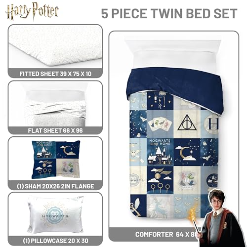 Image of Harry Potter Twin Comforter Set 5 Piece Soft Hogwarts Bedding, Multi | Fantasy, Bed in a Bag, Comforter Sheets Sham Pillowcase, Official Product, Soft Microfiber, Machine Washable, Kids Gift