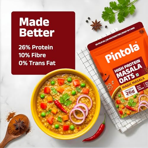 Image of Pintola 26g High Protein Masala Oats 400g, Magic Masala, Breakfast Cereal with High Fiber & Veggies, No Palm Oil, No Preservatives, 5 min Healthy Snack, Helps Manage Weight, Gym Endurance & Gut Friendly