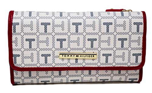 Tommy Hilfiger Women White Gray Red Coated Canvas Logo Checkbook Wallet Clutch Bag