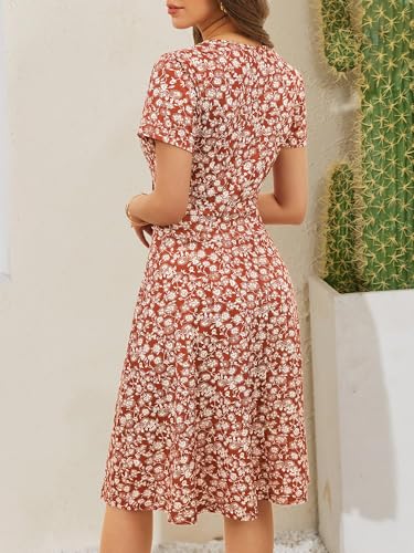 Image of MSBASIC Womens Summer Wrap V Neck Casual Dresses Floral Short Sleeve A-Line Midi Sundress