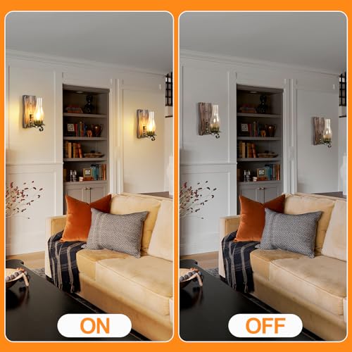 Image of Rustic Wall Sconces Sets of 2, Oil Rubbed Bronze Wall Sconce Indoor Retro Wall Lamps with Amber Glass E12 Wood Bedside Wall Light Fixture for Hallway Living Room Bedroom Fireplace