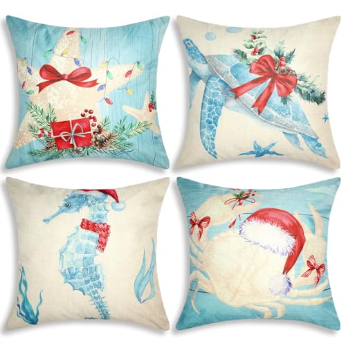 HunnmingRe 4 Pcs Christmas Sealife Coastal Pillow Covers Coastal Christmas Decoration Linen Throw Pillow Covers Sea Ocean Nautical Decorative Pillowcase for Couch Outdoor Sofa Living Room (20 Inch)