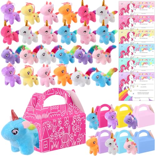 JellyArch 24 Set Unicorn Party Favor Bulk Toys Bulk Mini Plush Unicorn Stuffed Animals, Adoption Certificate and Goodie Gable Treat Boxes for Birthday Wedding Goodie Bag Stuffer Party