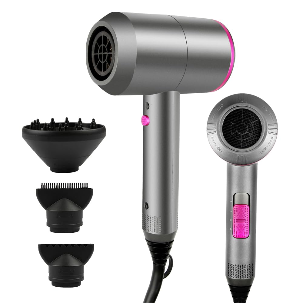 Ionen Föhn Haartrockner AC-Motor Haartrockner, Dekuri Schnelltrocknender Hair Dryer, Fön mit 3 Temperaturstufen, 2 Gebläsestufen, 3 Stylingdüsen & Diffusor (Grau)
