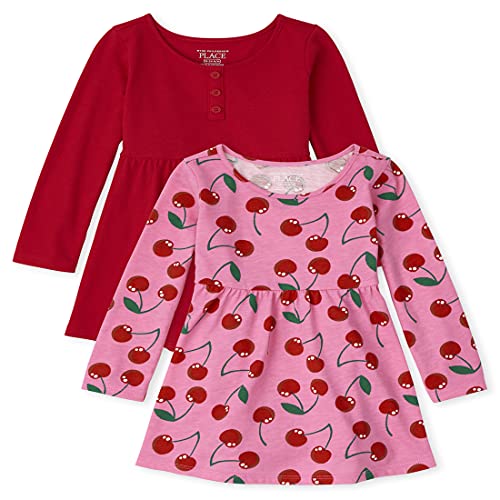 The Children's Place Baby Toddler Girl Long Sleeve Cherry Print and Solid Henley Knit Babydoll Dress 2-Pack, in The Pink, 4T