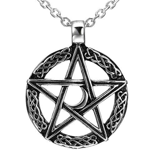 Urban Jewelry Vintage Style Pentacle Pentagram Crescent Moon Stainless Steel Pendant Necklace for Men (21-inch chain)