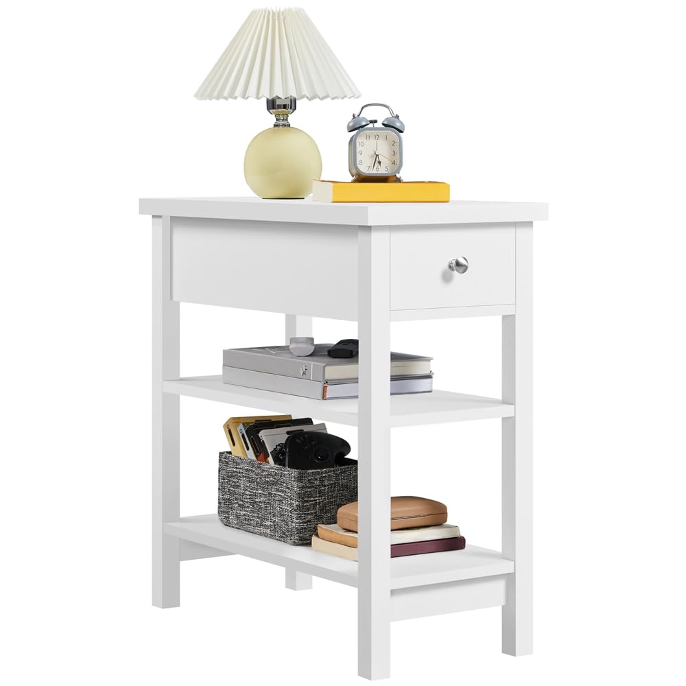 Yaheetech Mesita de Noche con 1 Cajón 2 Estantes Mesilla de Noche con Cajón de Madera Dormitorio Mesa Auxiliar Sofá para Espacios Reducidos Blanco 60×30×61,5cm 1pcs