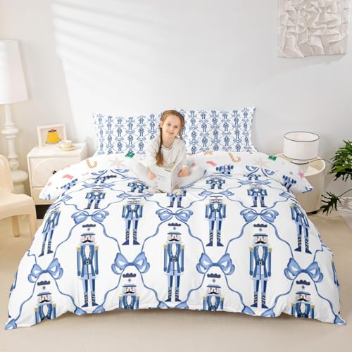 richhome Christmas Nutcracker Duvet Cover King Size Cute Bow Bedding Set for Boys Girls Blue Bowknot Xmas Comforter Cover Bedroom Decor 3Pcs Zipper Closure With 2 Pillowcases