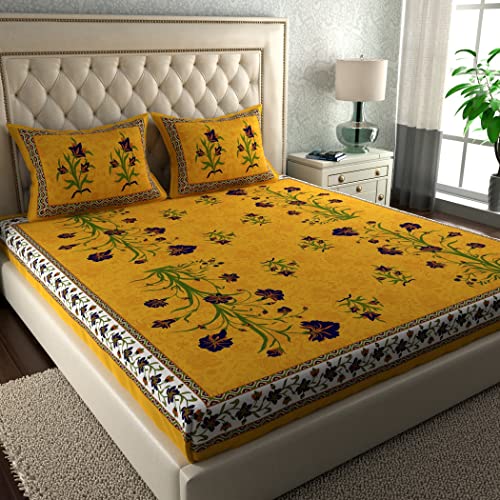 Image of La Verne104 TC 100% Cotton Jaipuri Rjasathani Hand Print Bedsheet with 2 Pillow Covers (Yellow)