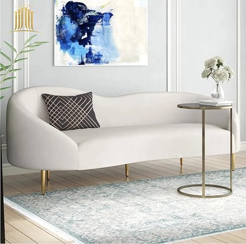 Image of Rosewood Luxury Curved Sofa in Premium Velvet-Fabric | Solid Wood Structure | High Density Foam | Sturdy Golden Legs | Comfortable & Stylish Couch for Modern Living Room (Cream, 3 Seater)