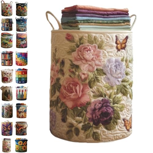 Image of Quilted Laundry Baskets with Handles, Large Floral Fabric Hampers, Extra Soft Boho Chic Storage Organizer for Nurseries, Collapsible Clothes Bins, Portable Bedroom Washing Container