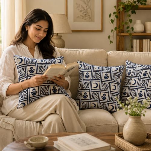 Image of Indigo Grid Leaf Embroidered Cushion Cover | Decorative Sofa Pillow Cover | Hidden Zipper | Premium Cotton Fabric | 16 x 16 Inch | Pack of 1