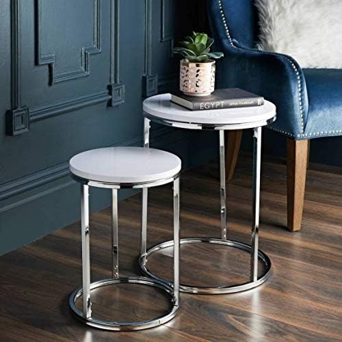 Z&Q Gloss White Round Nest of Tables Sofa Table Coffee Table End Table With Durable Chrome legs Easy to Assemble Side Tables Living Room Bedroom Hallway Nesting tables