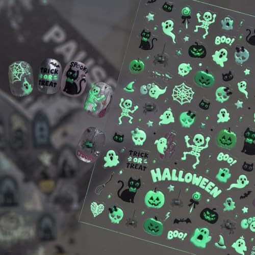 Image of Halloween Nail Stickers Decals Pastel Ghost Skeleton Pumpkin Nail Decals | Cat Spider Nail Decals Glow In The Dark Designs 5D Embossed Self-Adhesive Nail Charms Cute Spooky Style for Holiday Manicure
