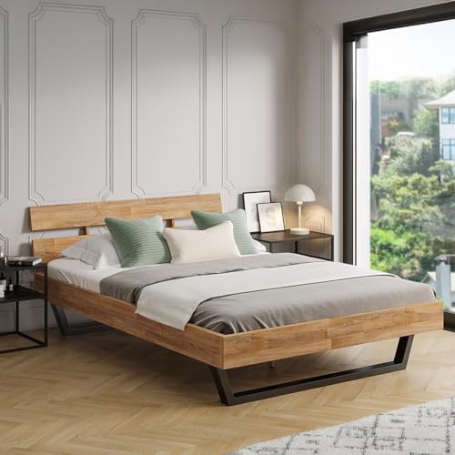 skølm Alver Massivholzbett 140x200 cm – Bettgestell aus Massivholz Eiche geölt – Holzbett mit schwarzen Metallkufen – hochwertiges Bett mit 2...