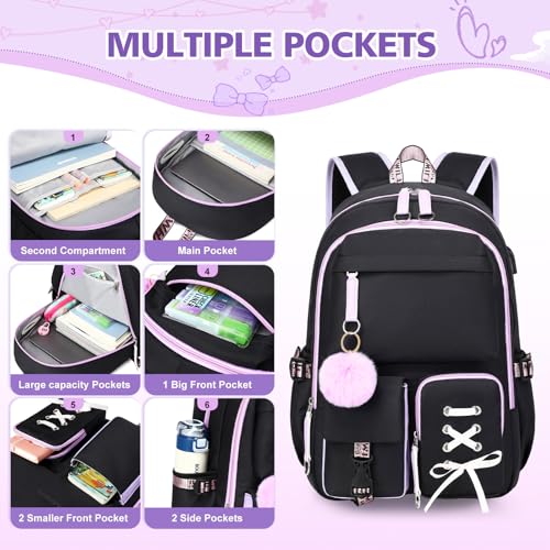 Backpack for Girls Women College Laptop Backpacks Girl Cute School Bag Kids Bookbag with USB Charging Port College Middle High Elementary School Backpack for Teen Girls Travel Daypack (Black)4